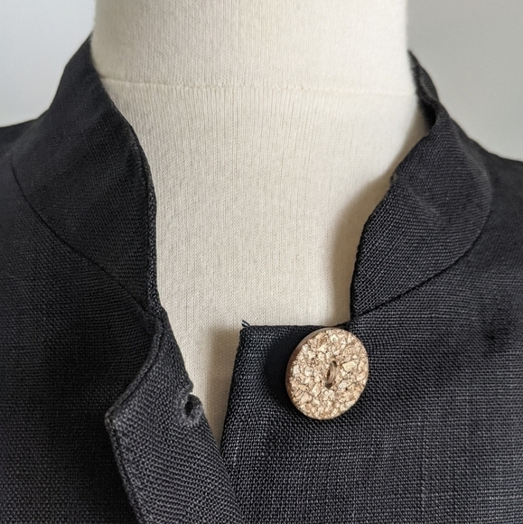 VINTAGE Black Linen Long Jacket wood buttons 8 - Picture 7 of 9
